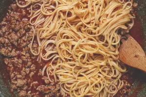 Tomato Sauce Ingredients Prints: Spaghetti Bolognese, top view, in a frying pan