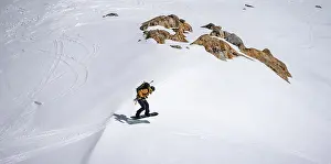 Austrian Mountain Scenery Prints: Splitboarder jumps, on the downhill