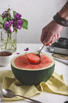 Balanced Diet Meal Prep Prints: The Spoon with Piece of Watermelon in Man Hand
