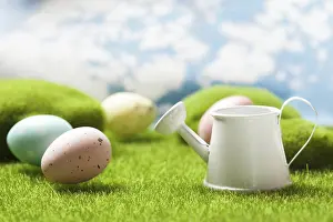 Traditional Easter Tradition Prints: Spotted Easter eggs on the grass. Holiday concept