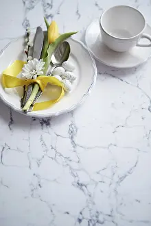Copy Space For Text Overlay Prints: Spring Easter Table setting at white marble table
