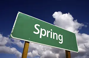 Dramatic Clouds Sky Prints: Spring road sign with dramatic clouds and sky