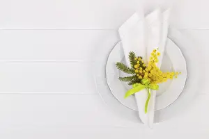 Gastronomy And Nutrition Concept Prints: Spring table setting with mimosa