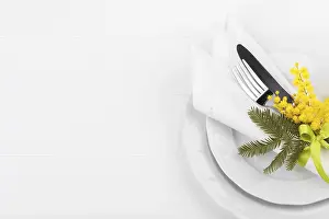 Empty Table Setting Ideas Prints: Spring table setting with mimosa easter holidays dinner
