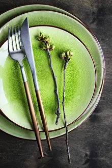Country Style Table Decoration Prints: Spring table setting in rustic style decorated with cherry bloom tree branches