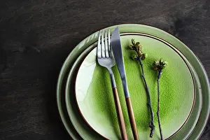 Country Style Table Decoration Prints: Spring table setting in rustic style decorated with cherry bloom tree branches