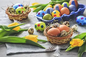 Traditional Easter Decoration Prints: Spring time - Easter eggs and tulips on grey background