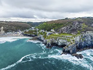 Rocky Coastline UK Prints: St Agnes Beach and cliffs from a drone