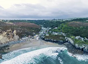 Rocky Coastline UK Prints: St Agnes Beach and cliffs from a drone