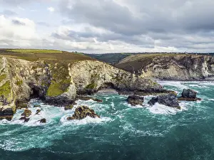 Uninhabited Coastal Landscape Prints: St Agnes cliffs, sae and Waves from a drone