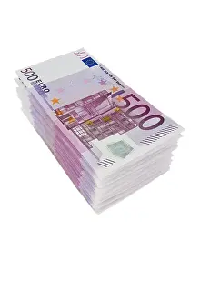 Payment Transaction Prints: A stack of 500 euro banknotes, studio