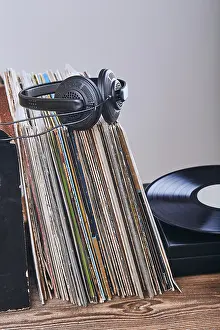 Vinyl Record Collection Prints: Stack of many black vinyl records