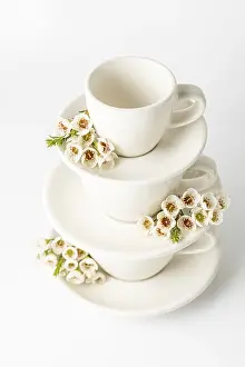 Spring Floral Arrangement Prints: Stack of elegant white teacups and plates
