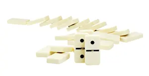Childhood Toy Prints: Stack of fallen dominoes zigzag against white background