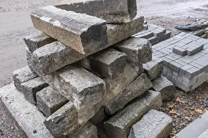 Deserted Construction Site Prints: Stack of kerbstones on a building site