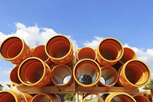 Mutterstadt Development Area Prints: Stack of KG pipes on a construction site in the Mutterstadt development area