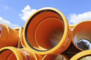 Mutterstadt Construction Site Prints: Stack of KG pipes on a construction site in the Mutterstadt development area