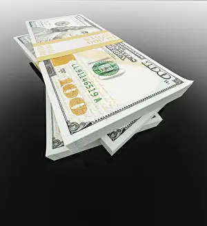 Close Up Dollar Bills Prints: Stack of thirty thousand dollars of one hundred dollar bills on black reflective surface