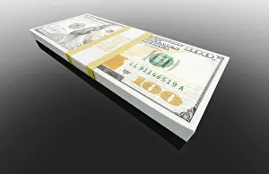 Close Up Dollar Bills Prints: Stack of ten thousand dollars of one hundred dollar bills on black reflective surface