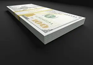 Stack Of Cash Prints: Stack of ten thousand dollars of one hundred dollar bills on black reflective surface