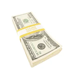 One Hundred Dollar Bill Prints: Stack of ten thousand dollars worth of one hundred dollar bills isolated on white background