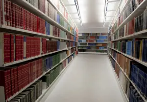 Educational Institution Furniture Prints: Stack of various information Books for study on a University library bookshelf