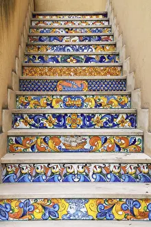 Southern Europe Interior Design Prints: Staircase steps decorated with ceramic tiles