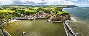 Prints of Staithes Village from a drone, North Yorkshire, North York Moors National Park, England, United Kingdom York Prints: Staithes Village Drone Print, North York Moors National Park