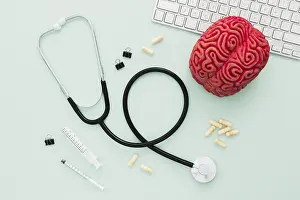 Medical Technology Prints: Stethoscope brain desk