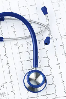 Healthcare System Concept Prints: Stethoscope and electrocardiogram