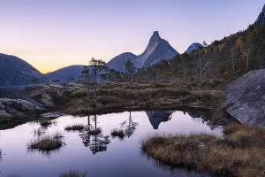 Scandinavian Mountain Landscape Prints: Stetind reflected in small pond
