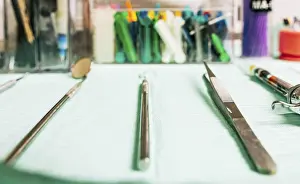 Healthcare Professional Tools Prints: Stomatologist tools close-up on table