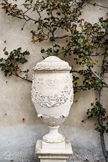 Prints of Stone vase with patterns on the background of a wall. Villa Monastero, Italy Como Prints: Stone Vase Print - Villa Monastero, Italy