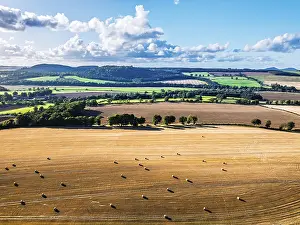 British Countryside Drone Shot Prints: Straw bales in the Scottish fields from a drone