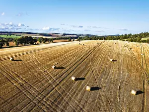 Drone Aerial View Prints: Straw bales in the Scottish fields from a drone