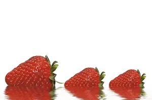 Fruity Food Still Life Prints: Three strawberries with their reflections