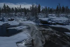 Prints of Stream in moonlight, Norrbotten, Lapland, Sweden, December 2022 River Prints: Stream in Moonlight Print, Norrbotten, Sweden, December 2022