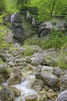 European Countryside Landscape Shot Prints: Stream, mill wheel and waterfall at the old mill