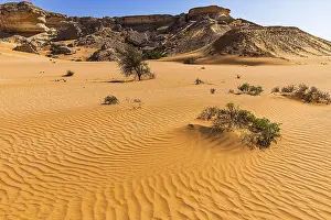 Western Asia Barren Landscapes Prints: Striking rocks surrounded by windswept sand structures