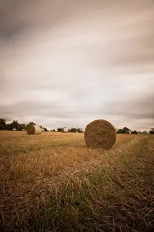 Agricultural Crop Field Prints: stubble field with straw bales