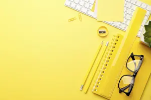 Female Freelancer Workspace Prints: Student or freelancer workspace with keyboard