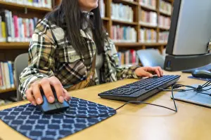 Online Education Prints: Student hands typing on keyboard and operating mouse at a desktop computer