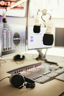 Studio Microphone Prints: Studio microphone in a broadcasting radio studio