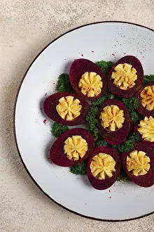 Stuffed Eggs Prints: Stuffed eggs, stained with beetroot juice