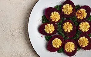 Stuffed Eggs Prints: Stuffed eggs, stained with beetroot juice