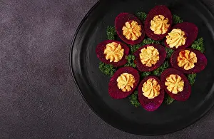 View From Above Food Photography Prints: Stuffed eggs, stained with beetroot juice