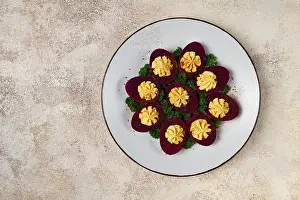 Balanced Diet Food Still Life Prints: Stuffed eggs, stained with beetroot juice