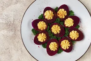 Stuffed Eggs Prints: Stuffed eggs, stained with beetroot juice