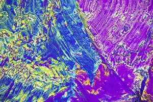 Colorful Crystal Structures Prints: A stunning microscopic view of microcrystals showcasing a vivid array of colors including blue
