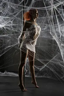 Redheaded Female Figure Prints: A stunning redhead is elegantly caught in a delicate web